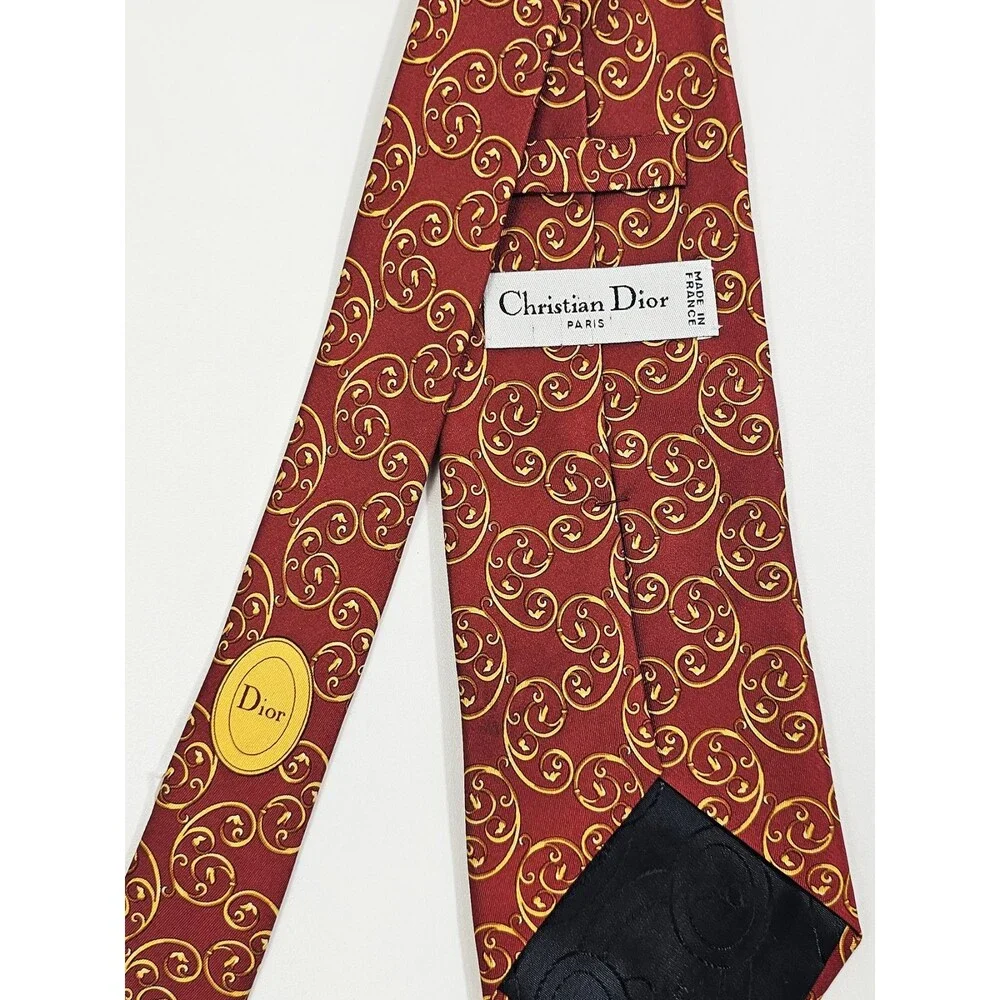 Christian Dior Vintage Red Yello Scroll Silk Tie Made in France